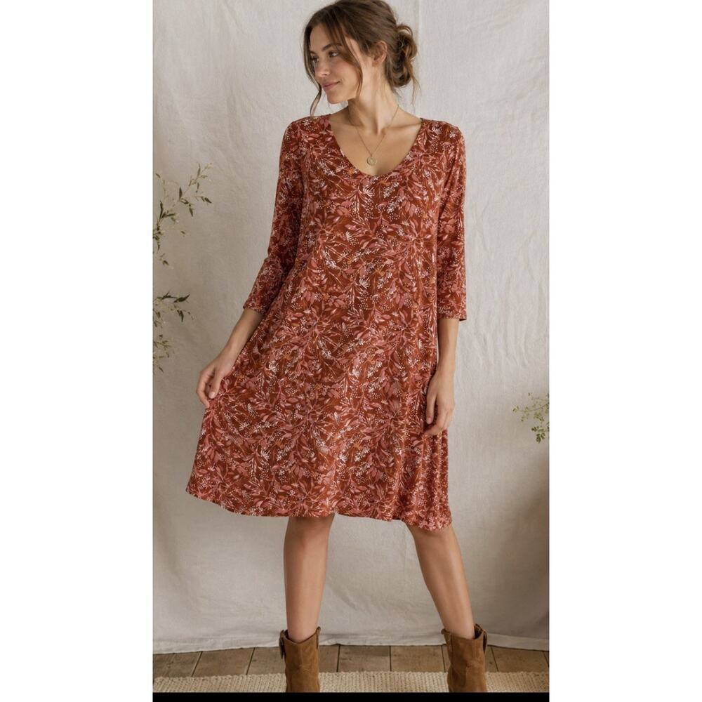 Garnet Hill Medium TENCIL Lyocel Swing Dress Rust Pink Botanical Floral 3/4 slv